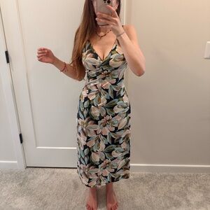Joie Black Floral Midi Slip Dress with Pink and Cream Blooms